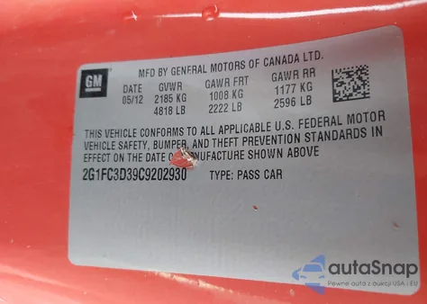 2012 Chevrolet Camaro 2Lt from USA, damaged, VIN 2G1FC3D39C9202930